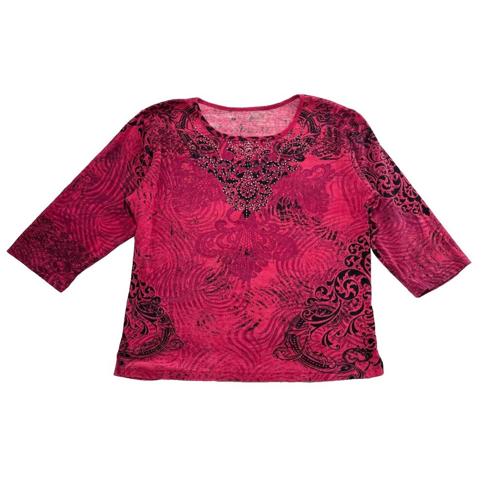 Jane Ashley Top Beaded Pink 90s Y2K Half Sleeve Boho Whimsigoth Pattern Small